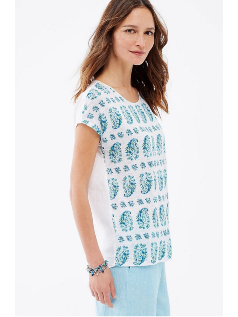Women's J.Jill Linen Short Sleeve Tee, Size M, White and Blue Paisley - Picture 2 of 9